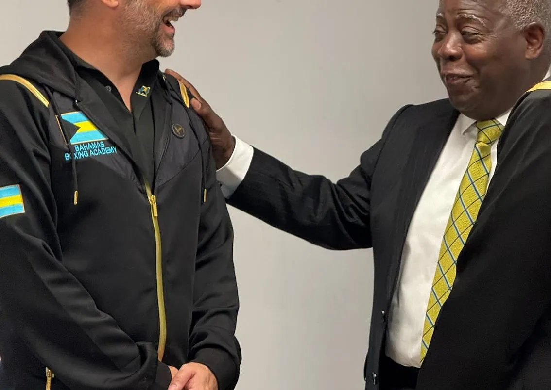 Prime Minister Philip Davis with Nick Maughan at the Bahamas Boxing Academy