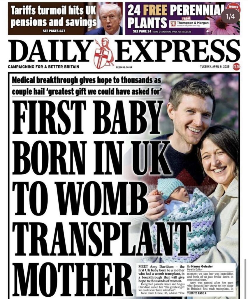 Daily Express front page reporting the first UK birth after a womb transplant