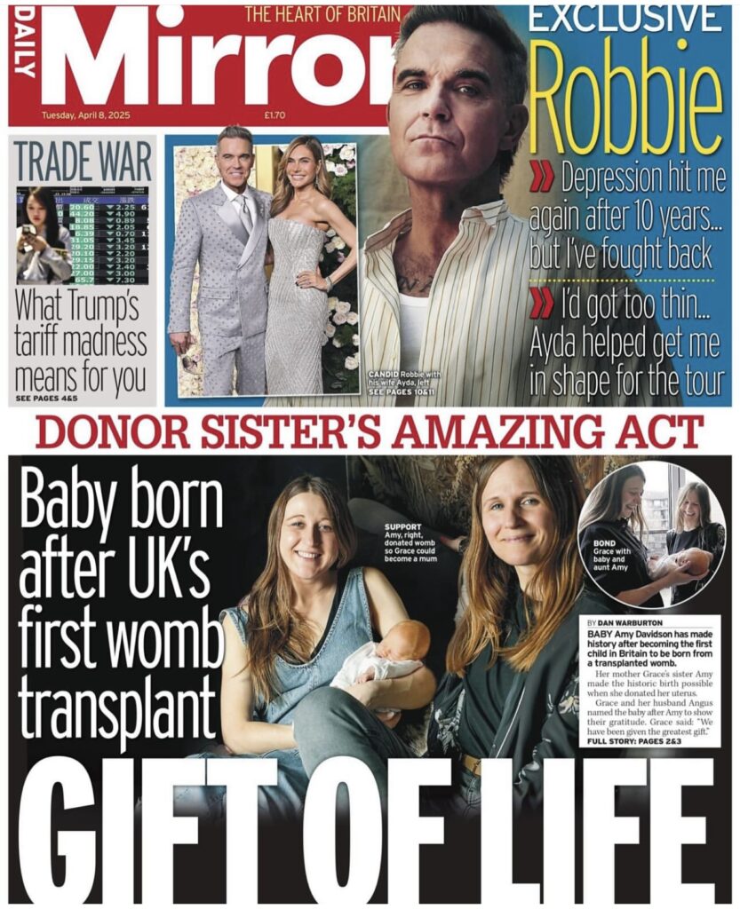 Daily Mirror front page reporting the first UK birth after a womb transplant